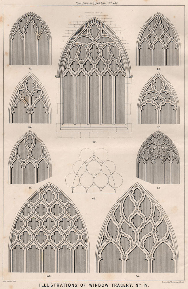 Illustrations of window tracery, No. IV . Decorative 1870 old antique print